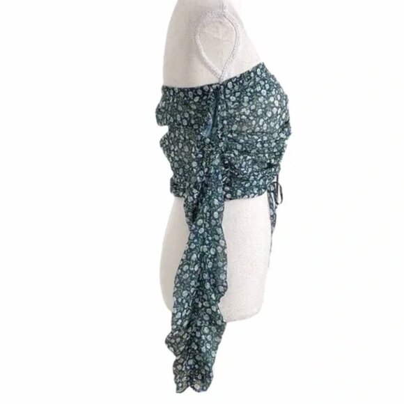 THE EAST ORDER FLORAL CINCHED LACE UP OFF THE SHOULDER SHEER CROPPED TOP - Picture 2 of 8